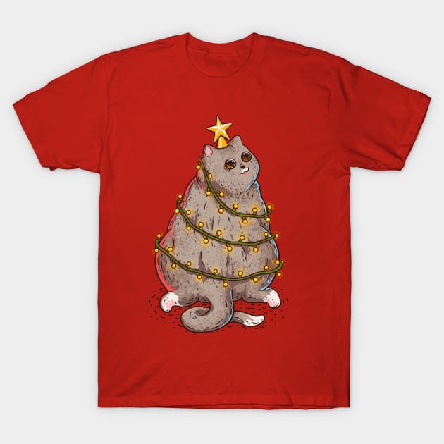 Merry Catmas - Funny Chonky Cat dressed as a Chritmas Tree T-Shirt by anycolordesigns